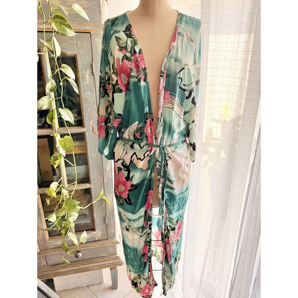Boho Gypsy Long Maxi Kimono Robe Duster Cover Up Tropical Asian Print One Size